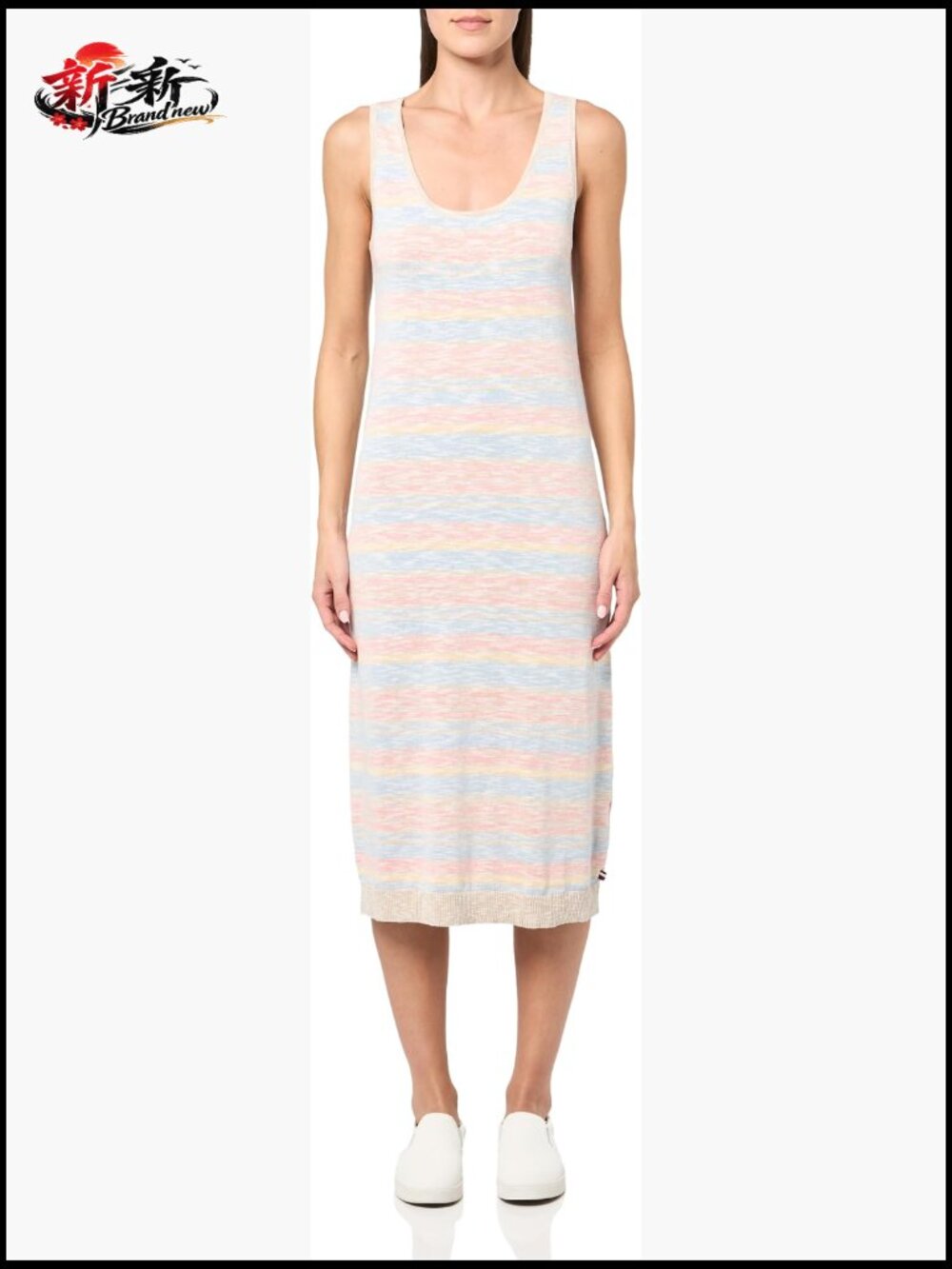 Sleeveless Striped Midi Sweater Dress 100% Cotton Square Neck Casual